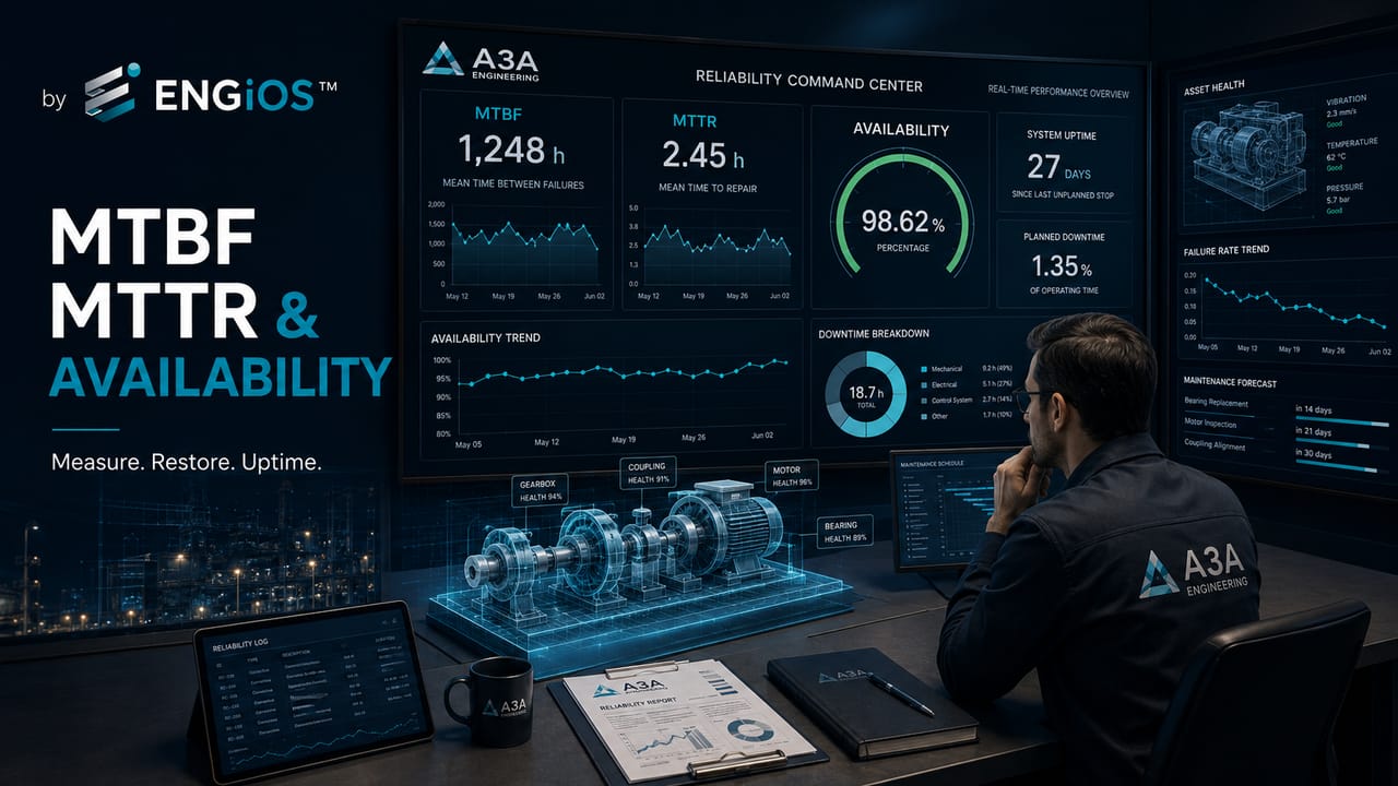 Imagem demonstrando os indicadores MTBF, MTTR e disponibilidade aplicados à confiabilidade de sistemas de engenharia, com análise de falhas, tempos de reparo e desempenho operacional.