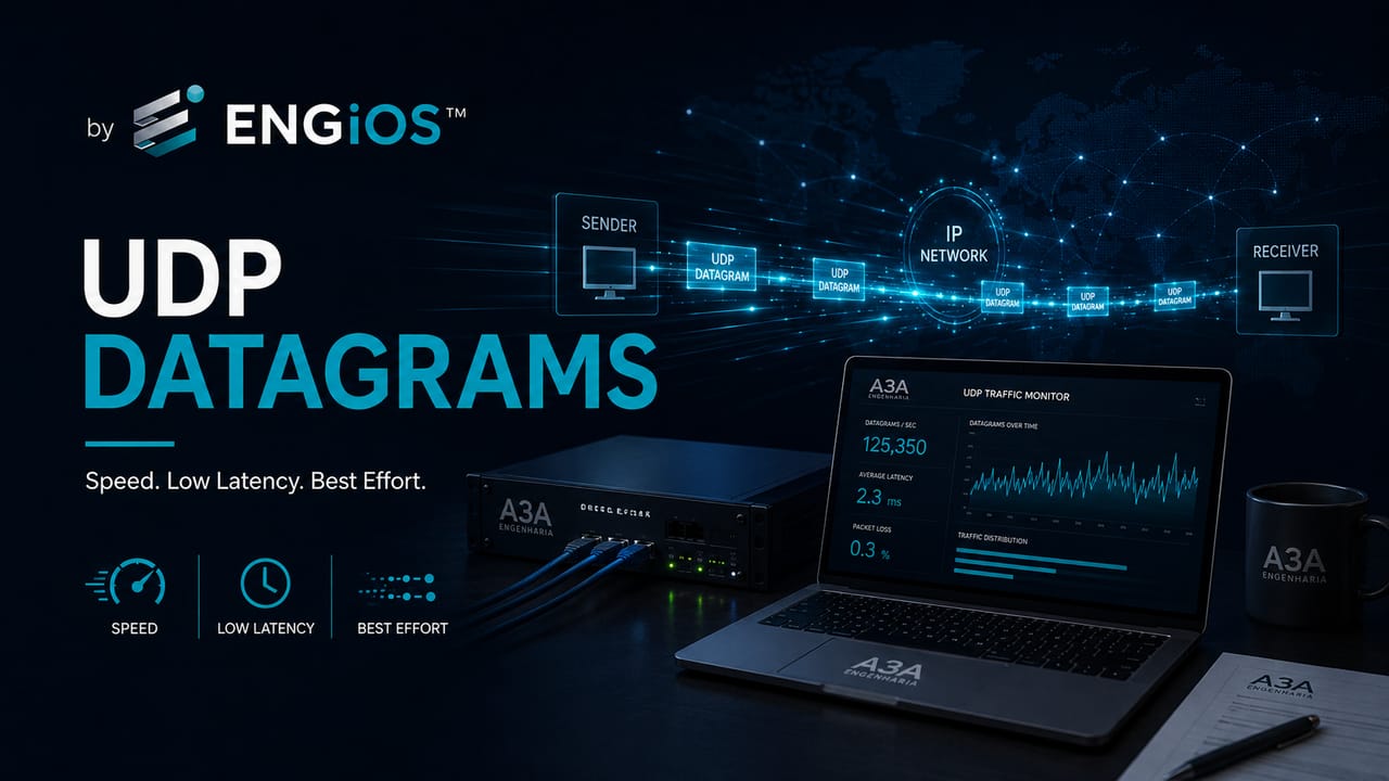 Imagem demonstrando datagramas UDP em redes IP, com comunicação sem conexão, baixa latência e transporte de pacotes entre aplicações.