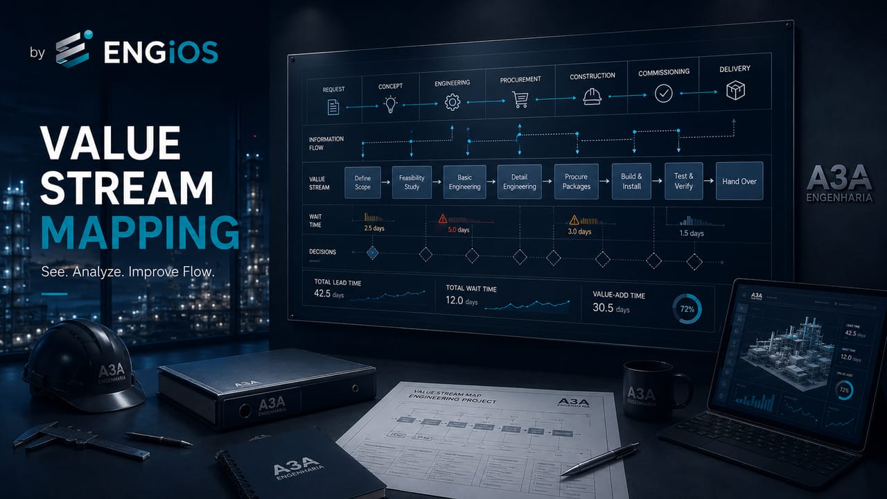 Imagem demonstrando Value Stream Mapping em Engenharia, com fluxo de valor, informação, decisões e identificação de desperdícios ao longo do processo.