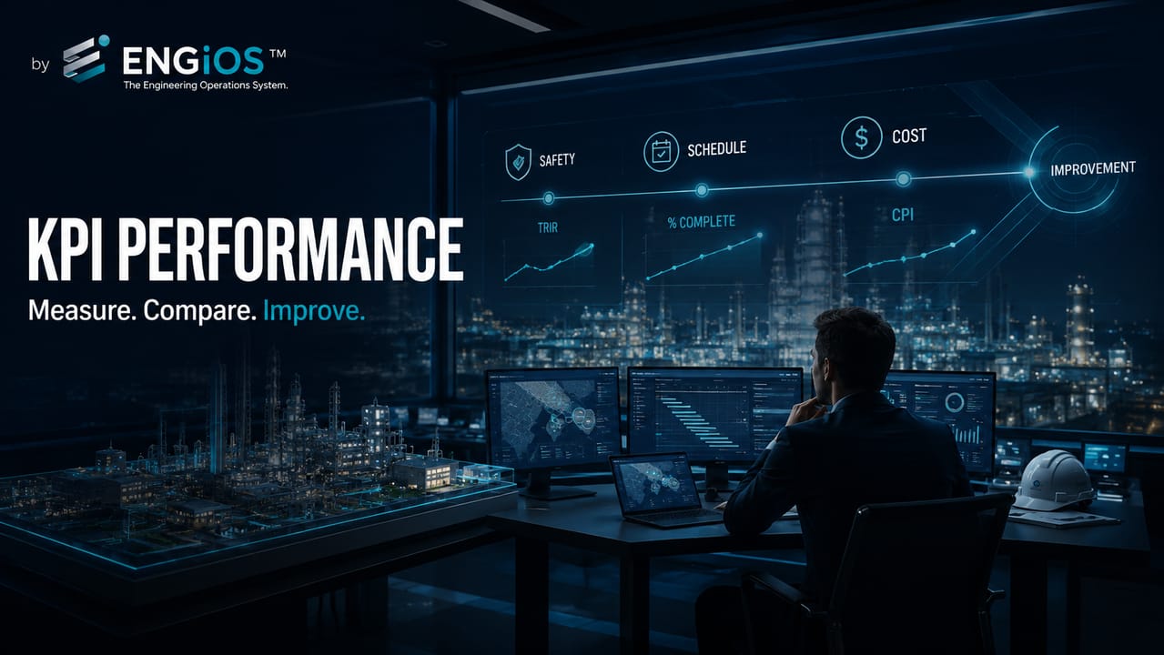 Imagem demonstrando o conceito de KPI em Engenharia, com indicadores de desempenho, metas, medição e acompanhamento de resultados de projetos e operações.