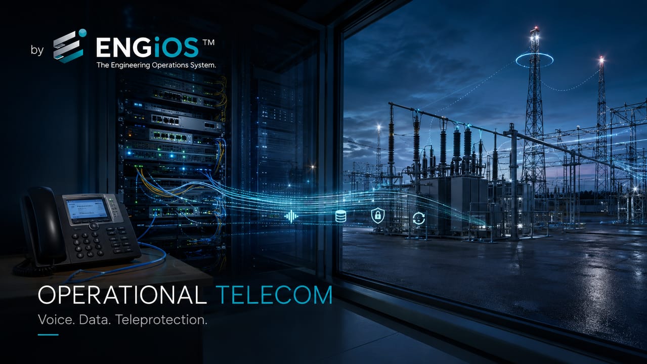 Imagem demonstrando telecomunicações operacionais em subestações, com voz, dados, teleproteção, redes redundantes e integração entre sistemas.