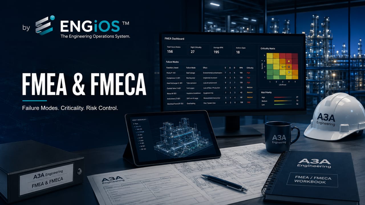 Imagem demonstrando FMEA e FMECA na Engenharia de Manutenção, com modos de falha, efeitos, criticidade, priorização e gestão de riscos dos ativos.