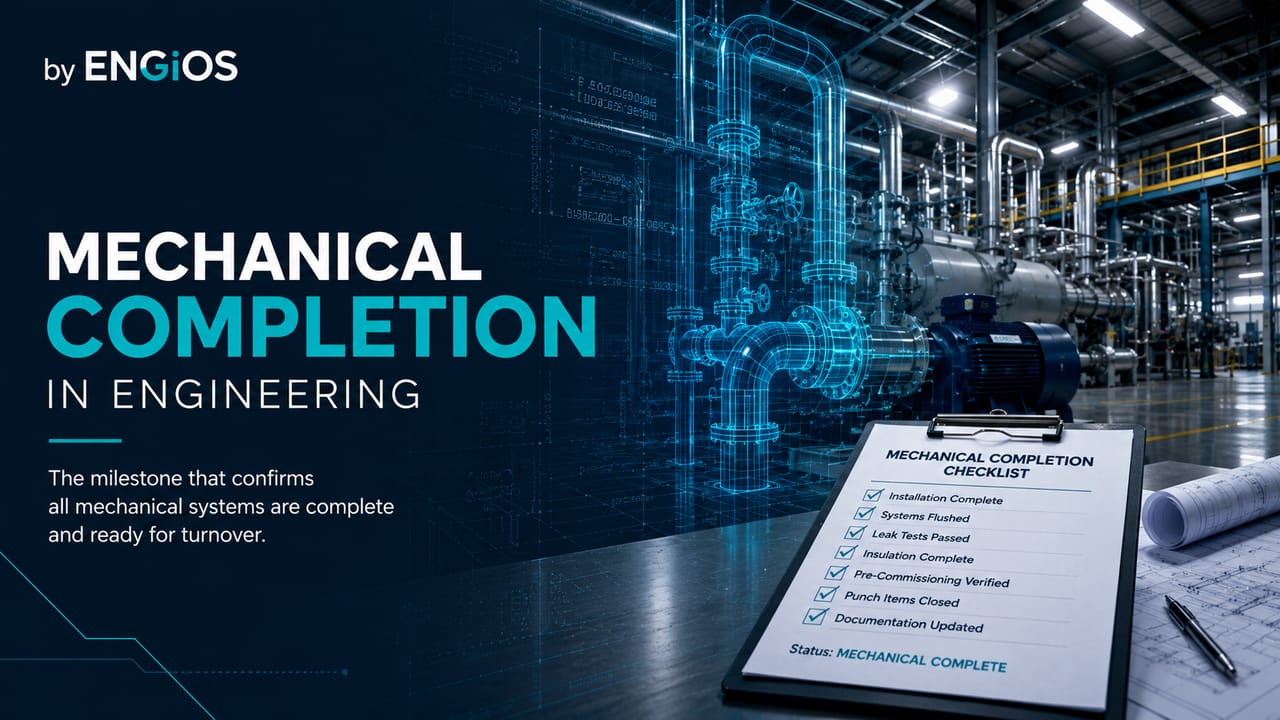 Imagem demonstrando o conceito de Mechanical Completion em Engenharia, com completação mecânica, verificação de pendências e prontidão para o comissionamento.