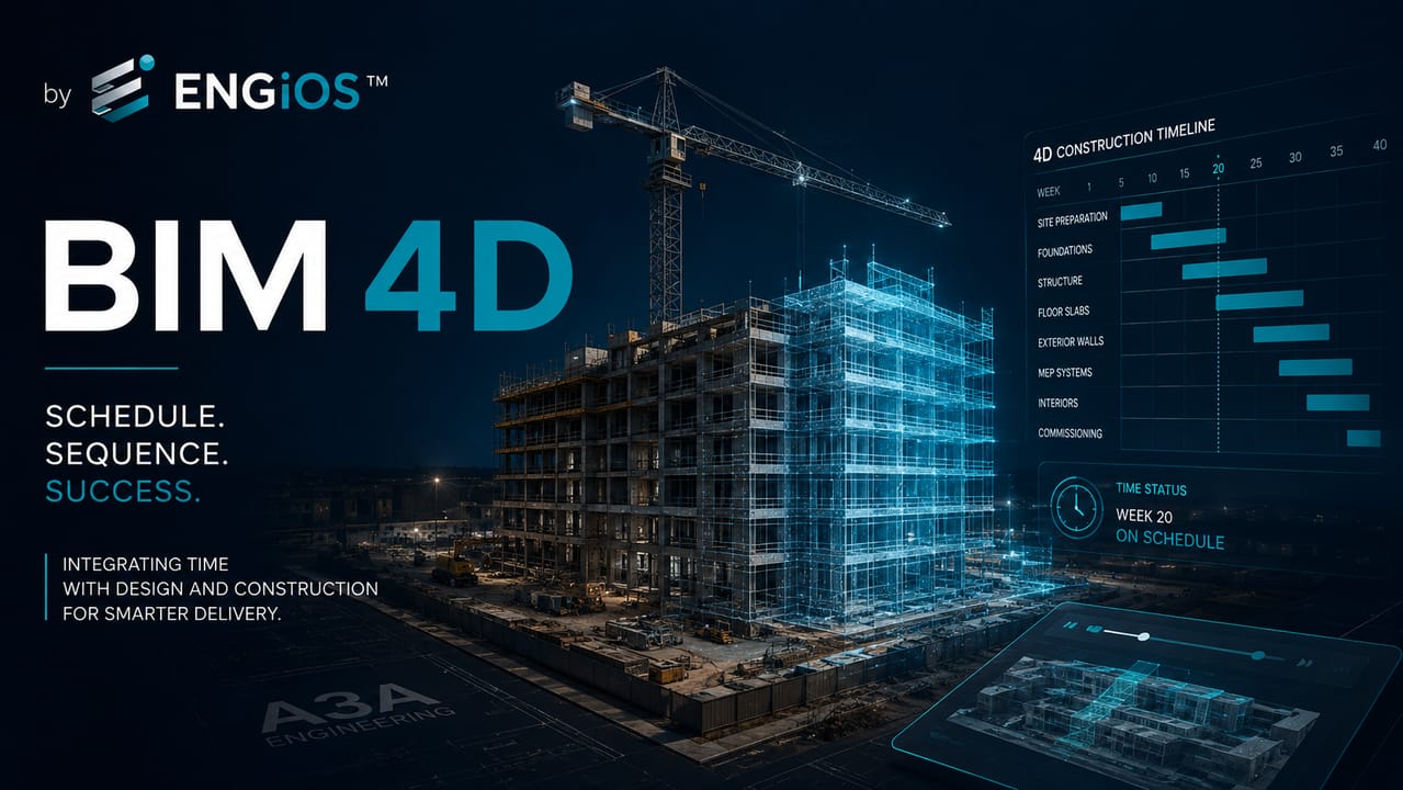 Imagem demonstrando o conceito de BIM 4D em Engenharia, integrando modelo tridimensional, cronograma, sequenciamento construtivo e planejamento de obras.