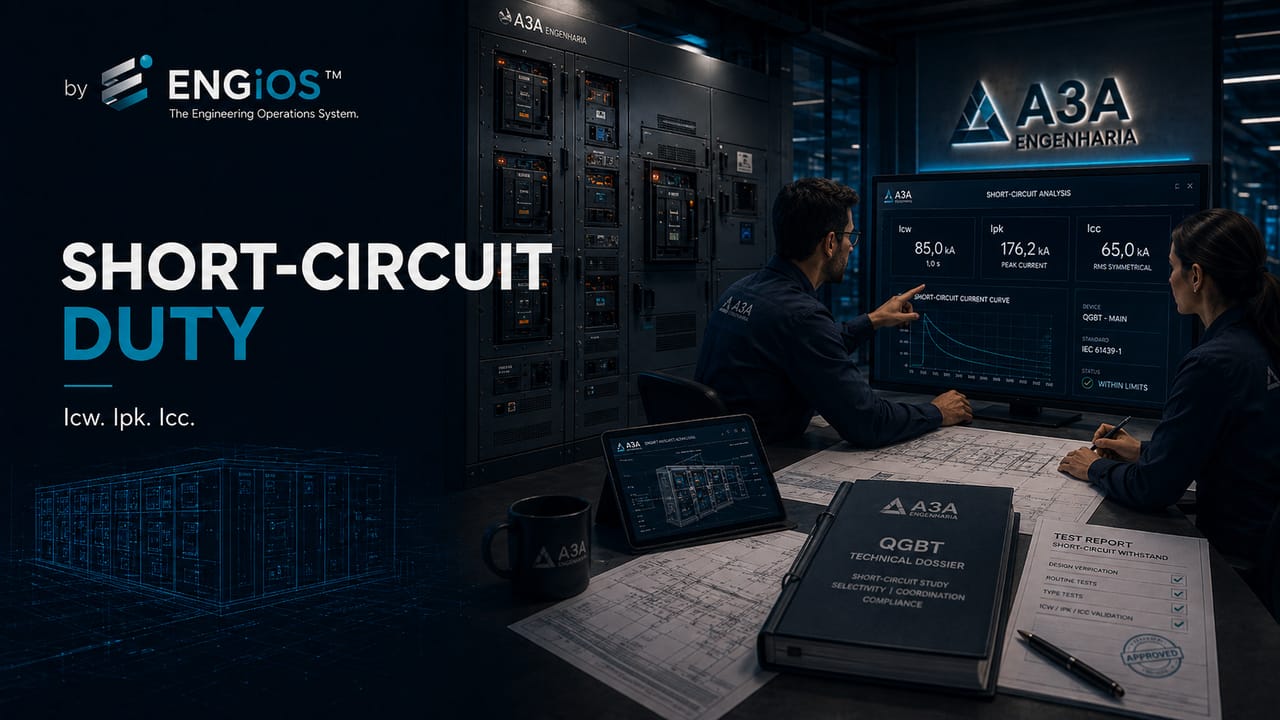 Imagem demonstrando os conceitos de Icw, Ipk e Icc em QGBT, com suportabilidade ao curto-circuito, barramentos, proteção elétrica e esforços térmicos e dinâmicos.