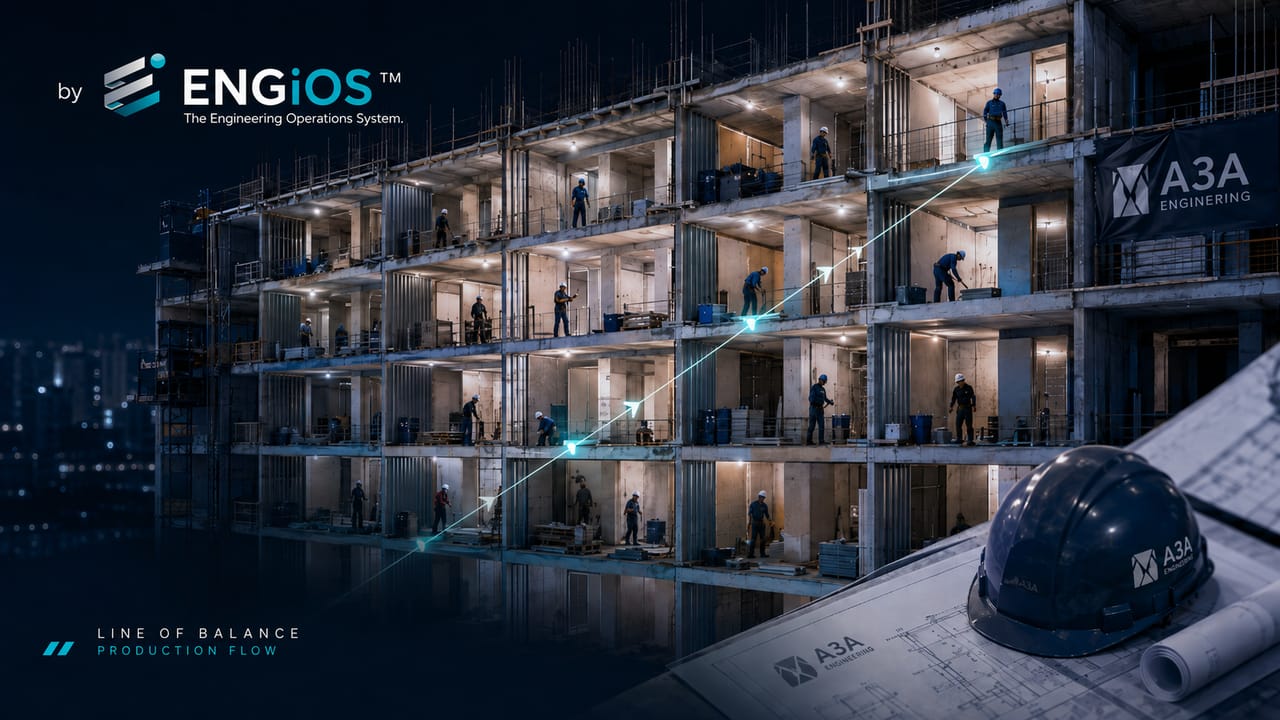 Imagem demonstrando o conceito de Linha de Balanço em Obras, com planejamento de atividades repetitivas, ritmo de produção, equipes, frentes de trabalho e controle de avanço.
