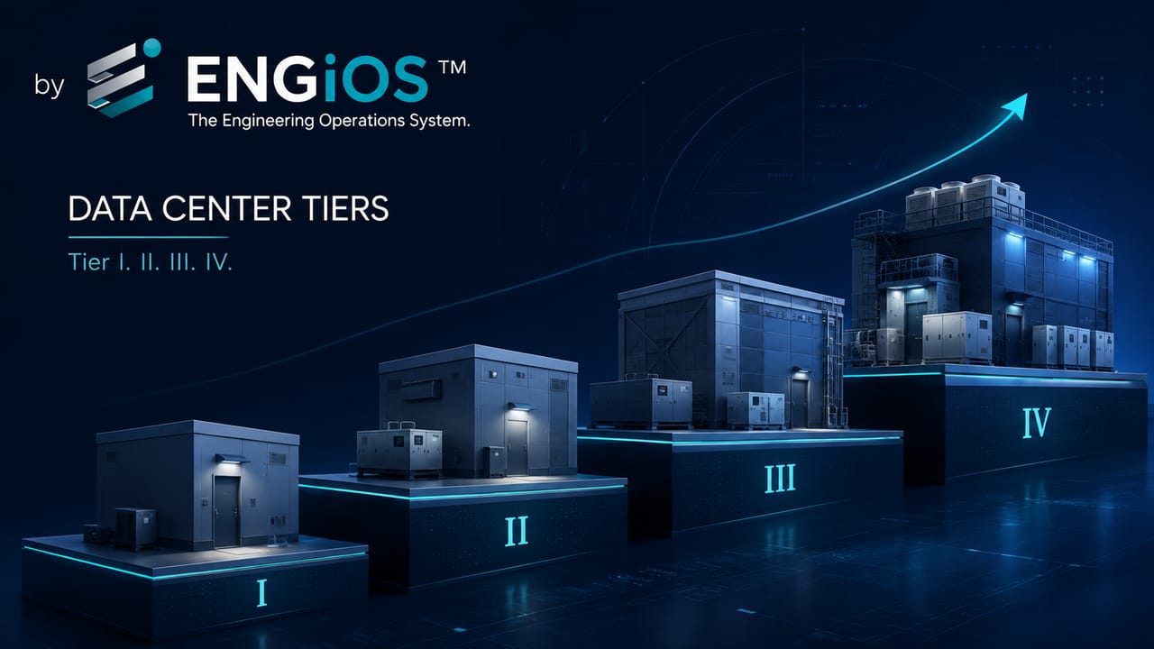 Imagem demonstrando o conceito de Tiers de Data Center em Engenharia, com níveis de redundância, disponibilidade, caminhos de distribuição e infraestrutura crítica.