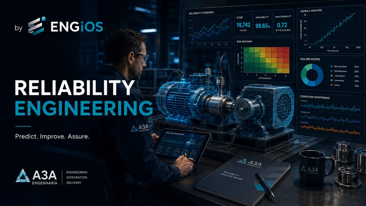 Imagem demonstrando engenharia de confiabilidade aplicada a ativos e sistemas, com indicadores de desempenho, análise de falhas, disponibilidade e métodos de melhoria da confiabilidade.