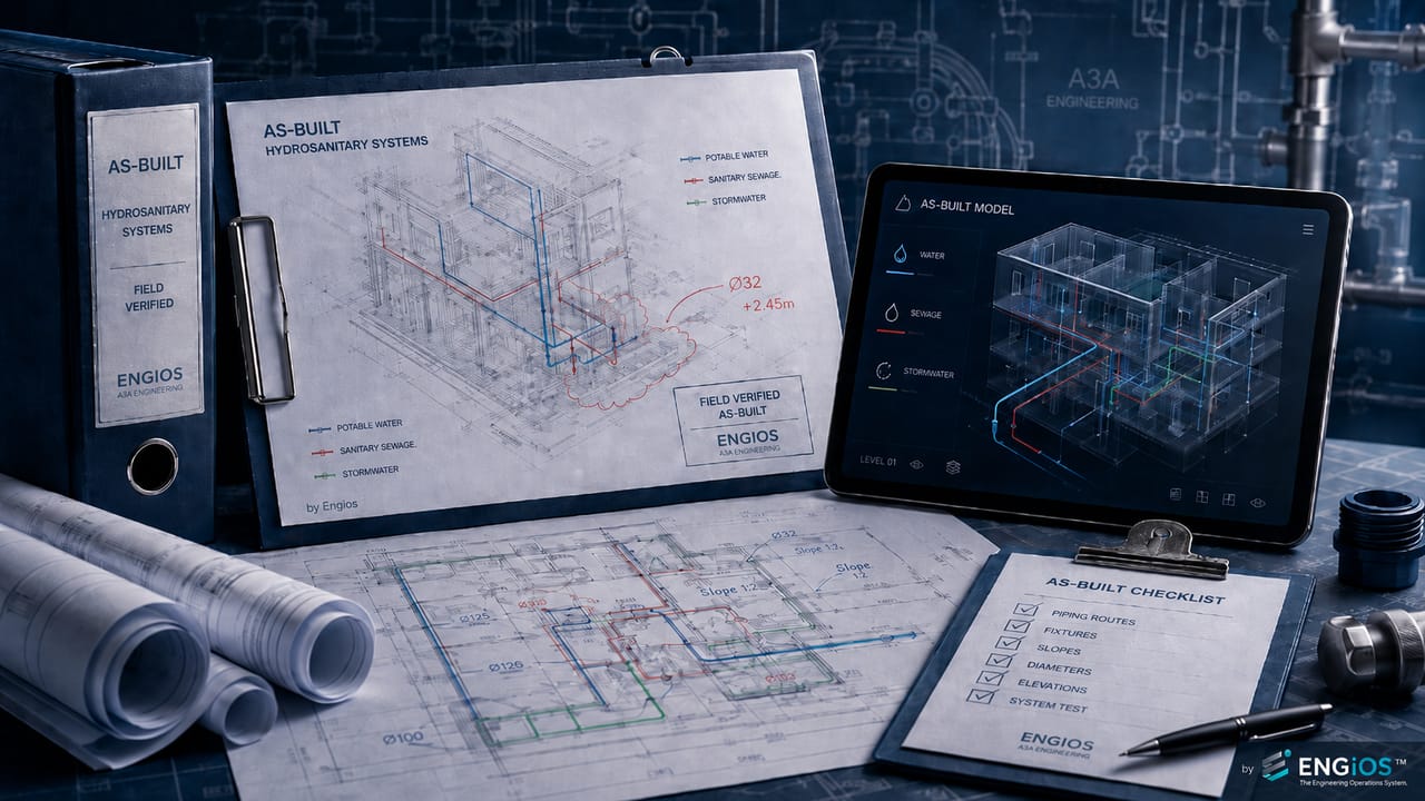 Imagem demonstrando o conceito de As-Built Hidrossanitário em Engenharia, com levantamento da condição construída de redes de água, esgoto, águas pluviais e prumadas.