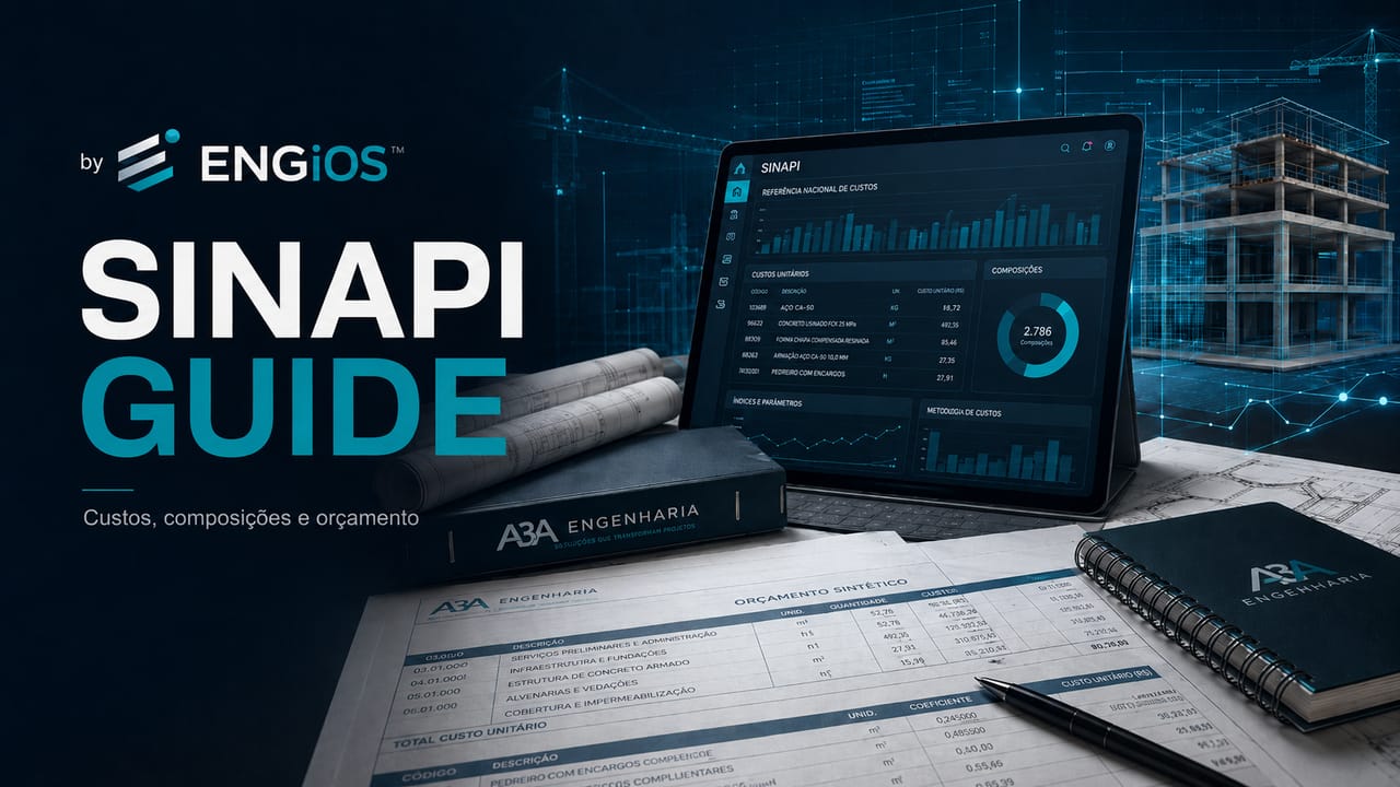 Imagem demonstrando o SINAPI em orçamento de obras, com referências de custos, composições, insumos e aplicação em serviços de engenharia.