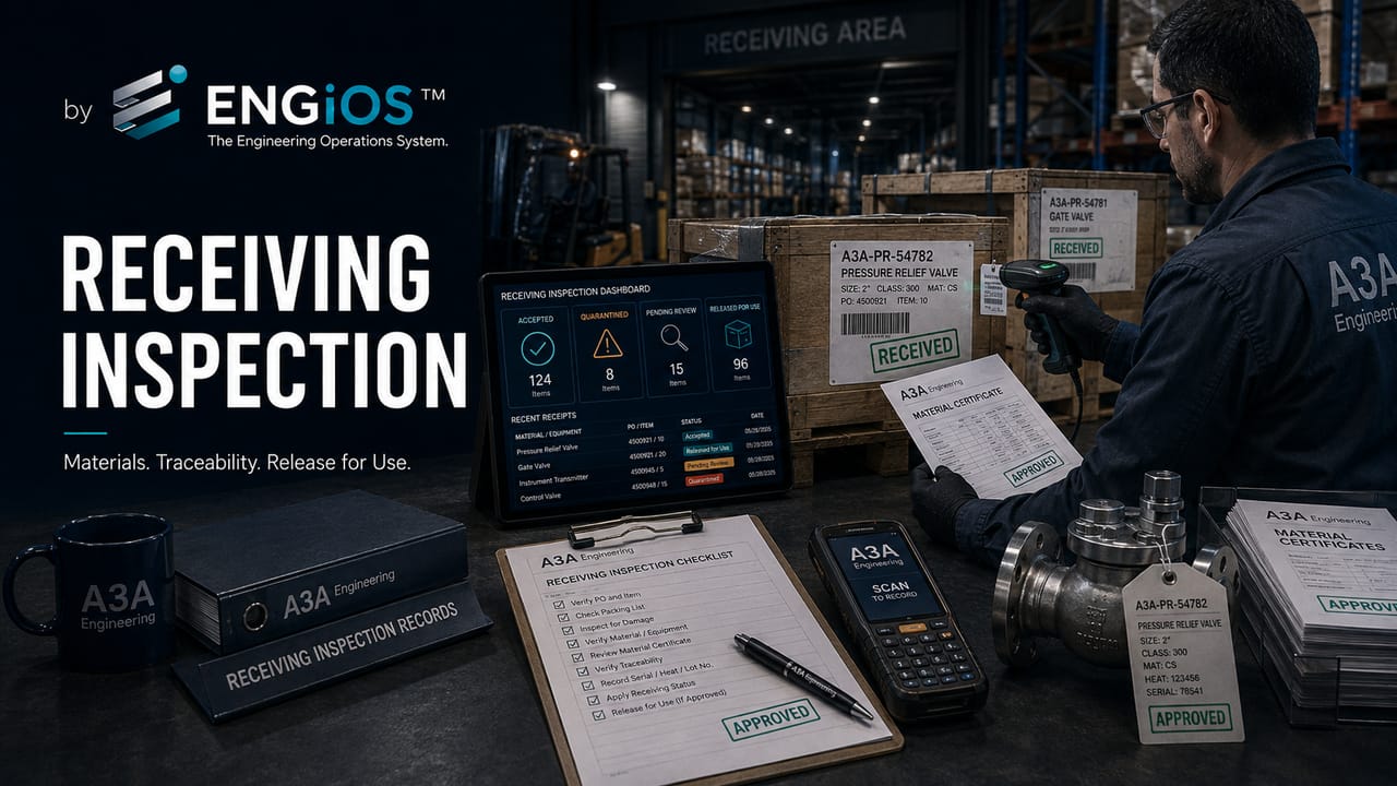 Imagem demonstrando inspeção de recebimento de materiais e equipamentos, com conferência técnica, rastreabilidade, critérios de aceite e liberação para uso.