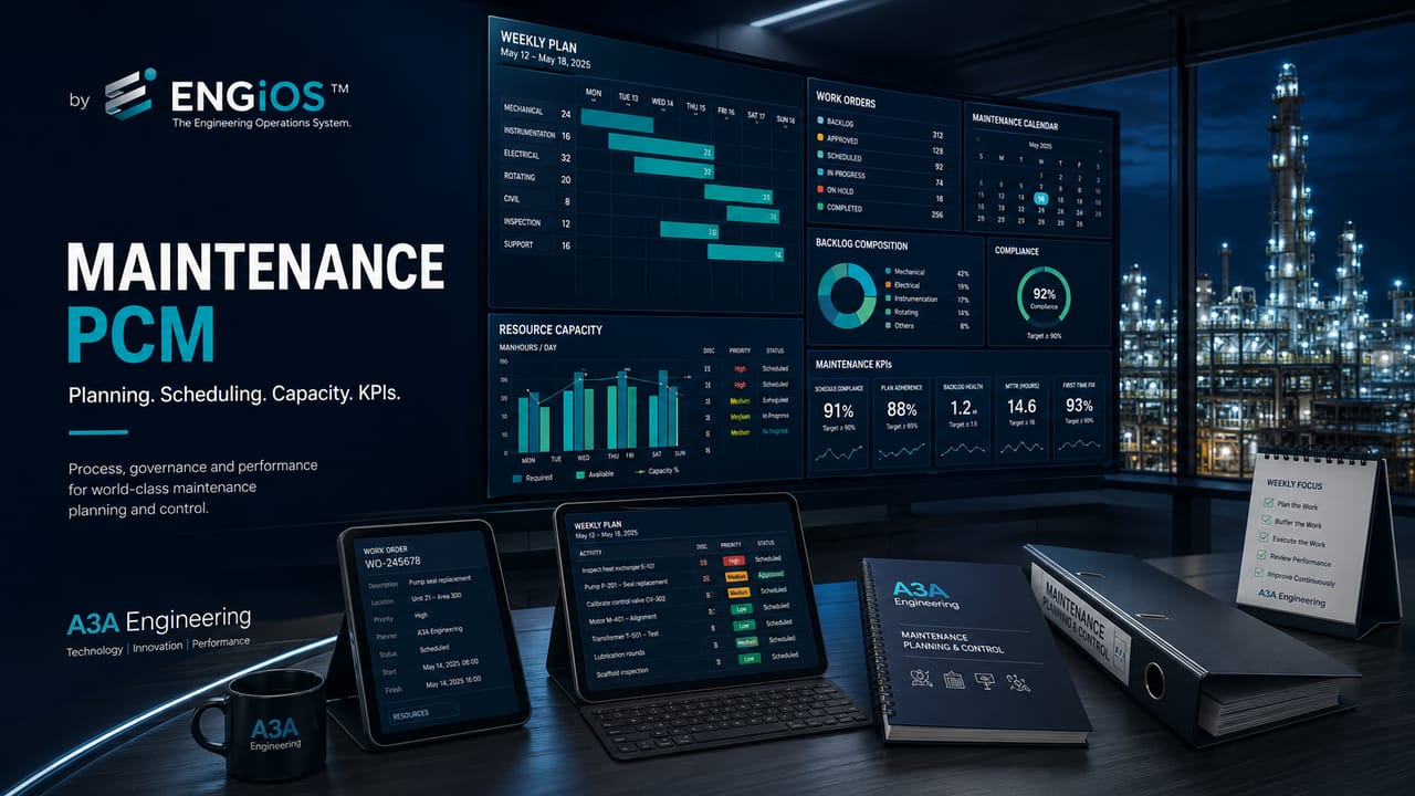 Imagem demonstrando PCM — Planejamento e Controle da Manutenção, com programação de serviços, capacidade, prioridades, recursos e indicadores operacionais.