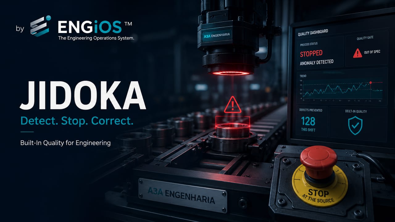 Imagem demonstrando Jidoka em Engenharia, com detecção de anormalidades na origem, interrupção do avanço do erro e controle de qualidade no processo.