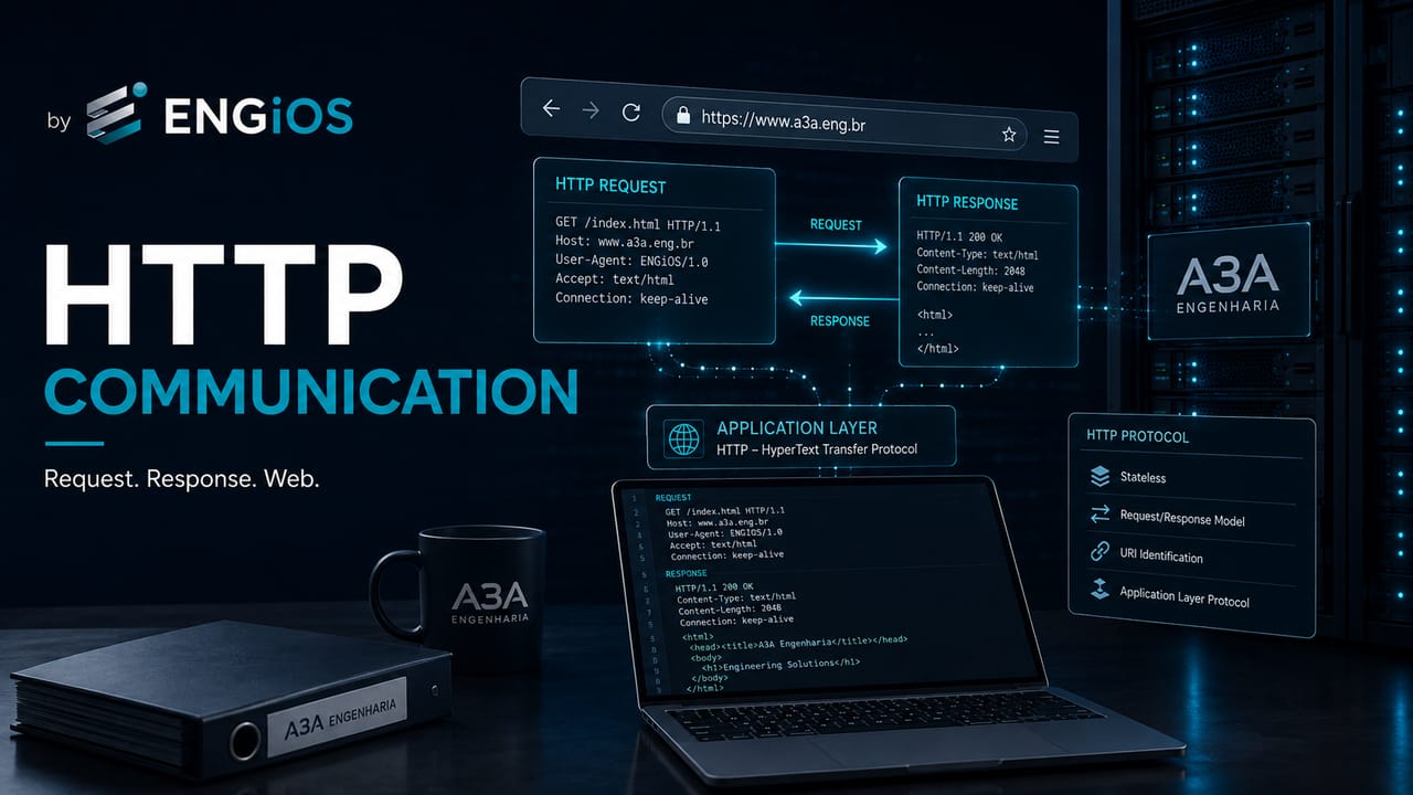 Imagem demonstrando comunicação HTTP entre cliente e servidor, com requisições, respostas e troca de dados em redes IP.