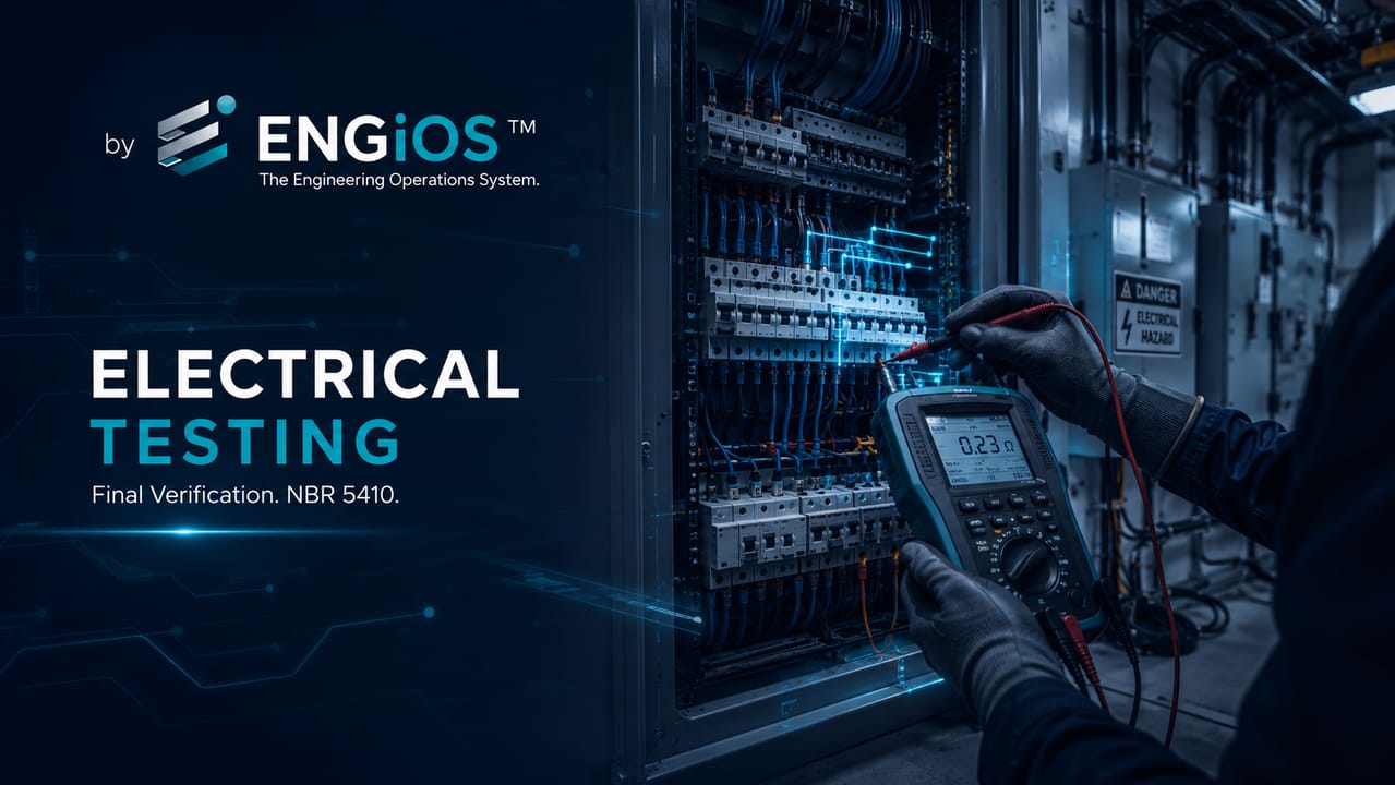 Imagem demonstrando ensaios elétricos em instalações de baixa tensão, com instrumentos de medição, verificação final e critérios de conformidade da NBR 5410.