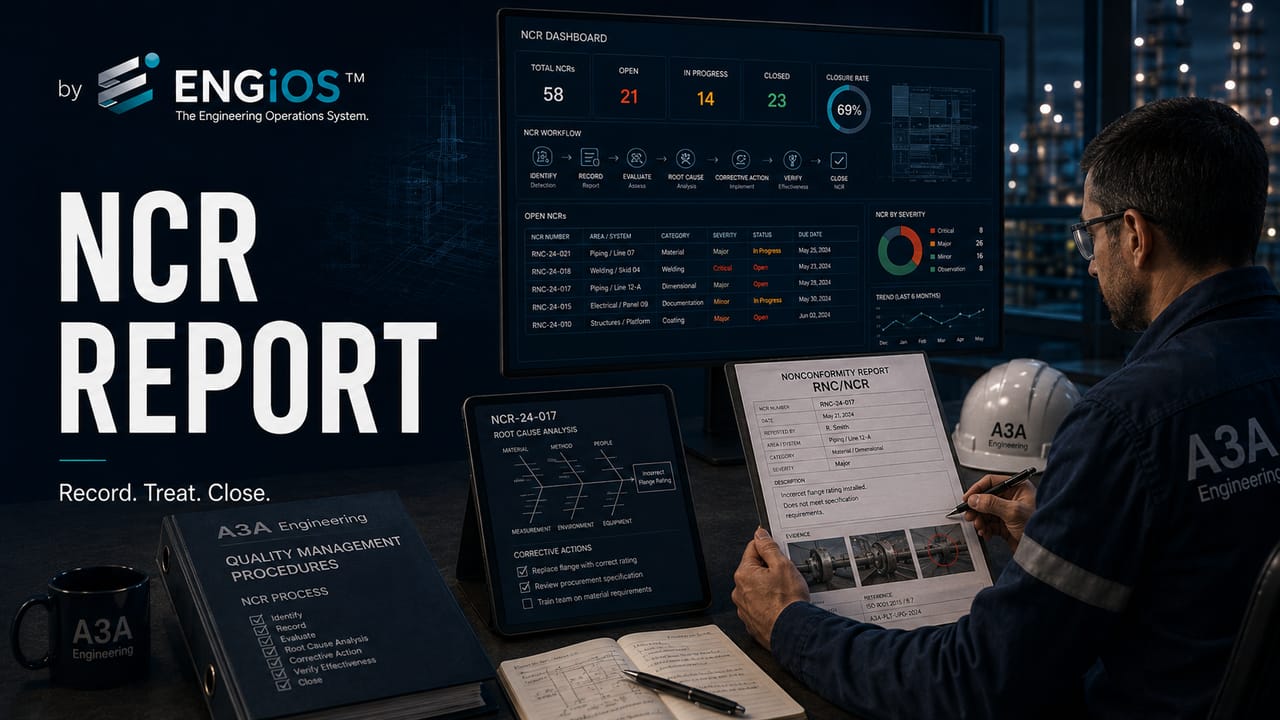 Imagem demonstrando Relatório de Não Conformidade RNC/NCR em Engenharia, com registro do desvio, evidências, causa, ação corretiva e fechamento.