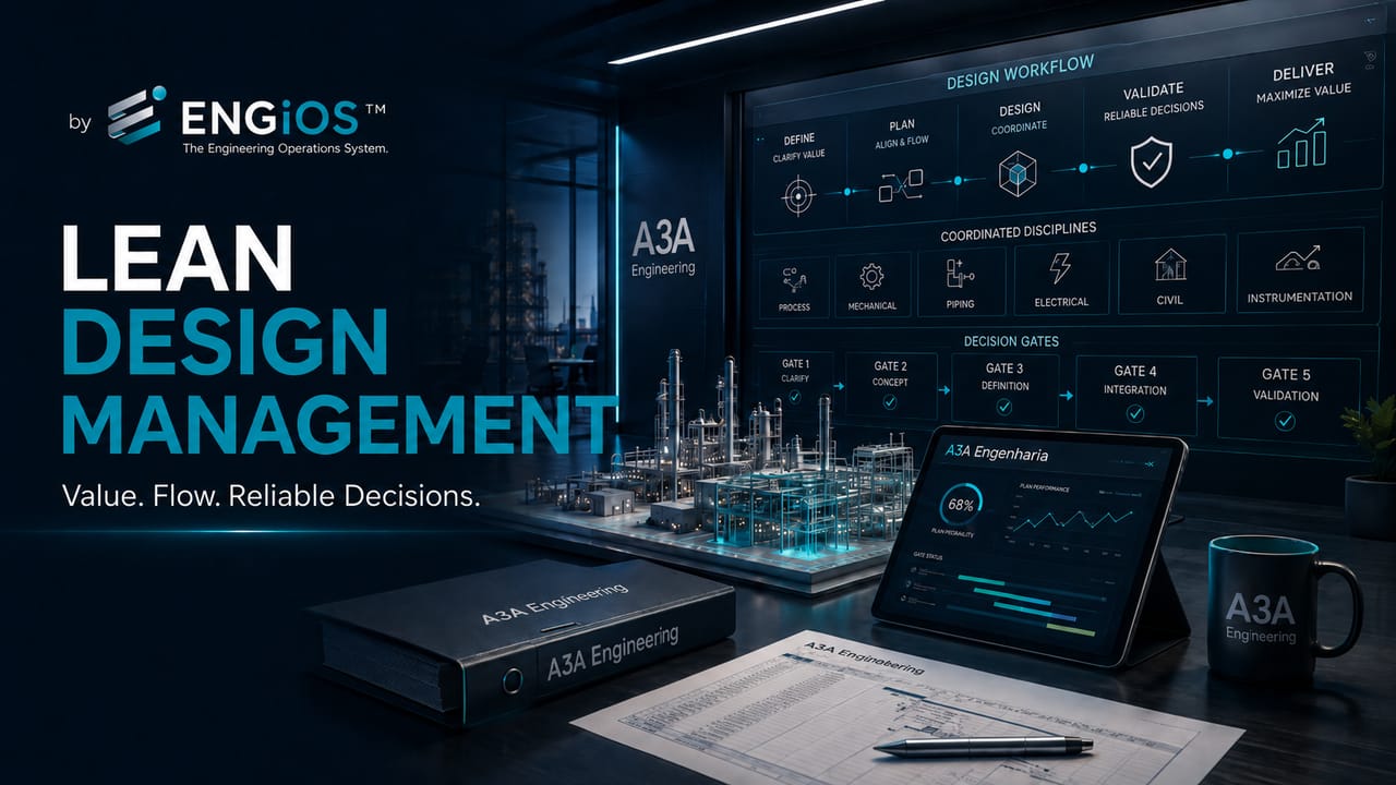 Imagem demonstrando Lean Design Management em projetos de Engenharia, com gestão de valor, fluxo de informações, decisões, interfaces e confiabilidade do planejamento.