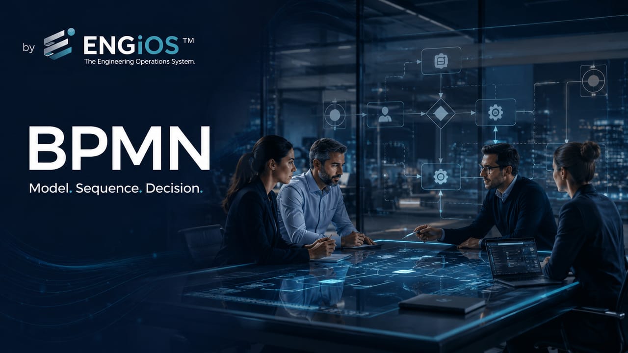 Imagem demonstrando o conceito de BPMN em Engenharia, com modelagem de processos, eventos, atividades, gateways e fluxos de decisão.