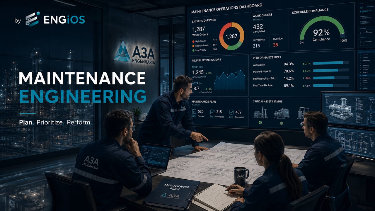 Imagem demonstrando Engenharia de Manutenção, com planejamento técnico, confiabilidade, gestão de backlog, inspeção, desempenho de ativos e estratégias de manutenção industrial.