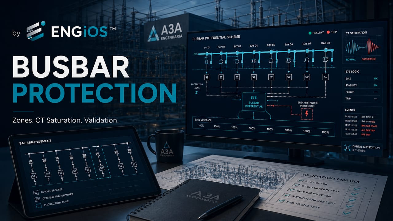 Imagem demonstrando proteção de barramentos em sistemas elétricos, com função diferencial 87B, zonas de proteção, saturação de TCs e falha de disjuntor.