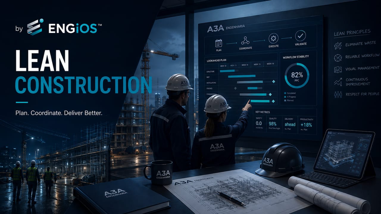 Imagem demonstrando Lean Construction em projetos de Engenharia, com planejamento colaborativo, fluxo de produção e redução de desperdícios.