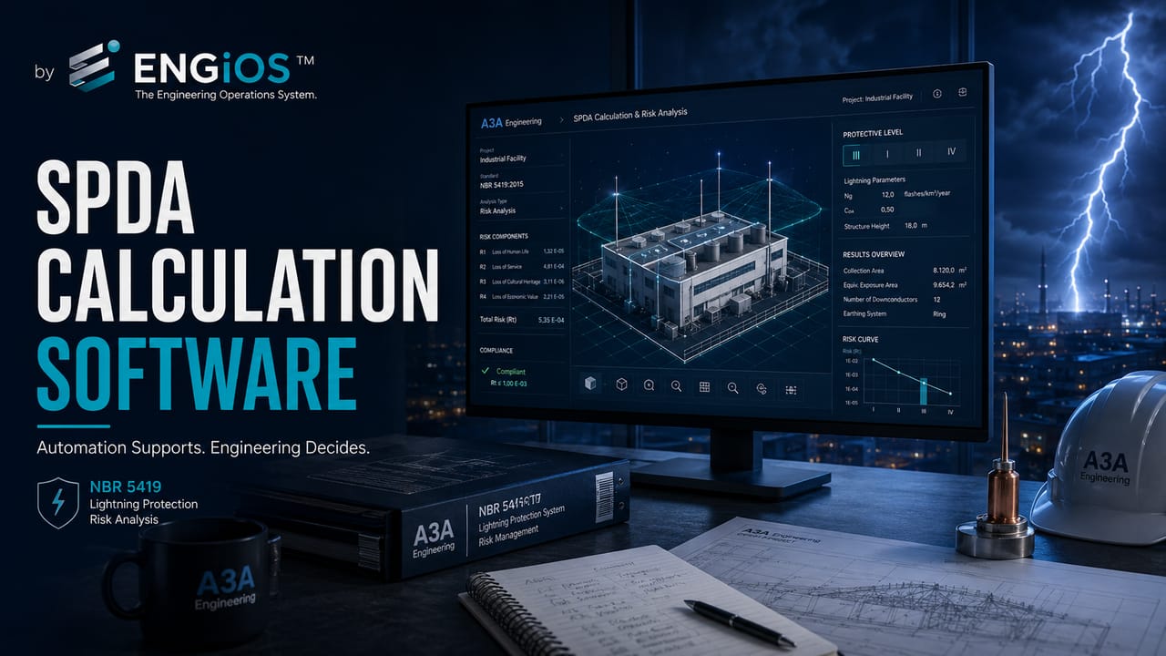 Imagem demonstrando software para cálculo e análise de risco de SPDA conforme a NBR 5419, com modelagem técnica e resultados que exigem validação de engenharia.