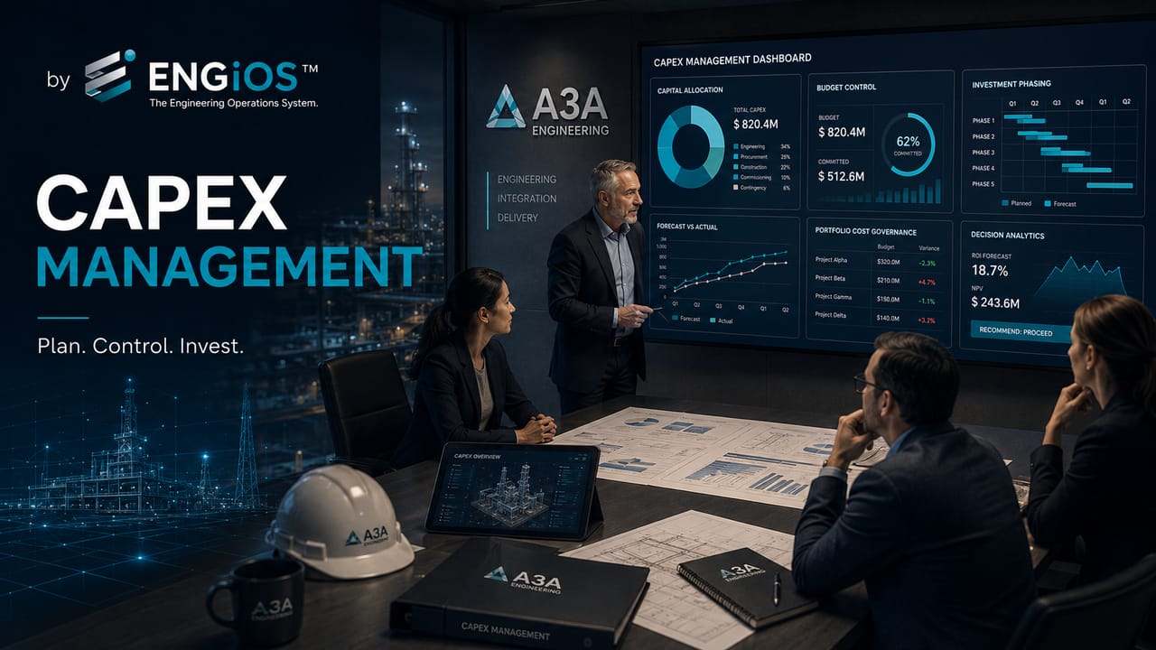 Imagem demonstrando o conceito de Gestão de CAPEX em Projetos de Engenharia, com governança de investimentos, orçamento, custos, priorização e controle de capital.