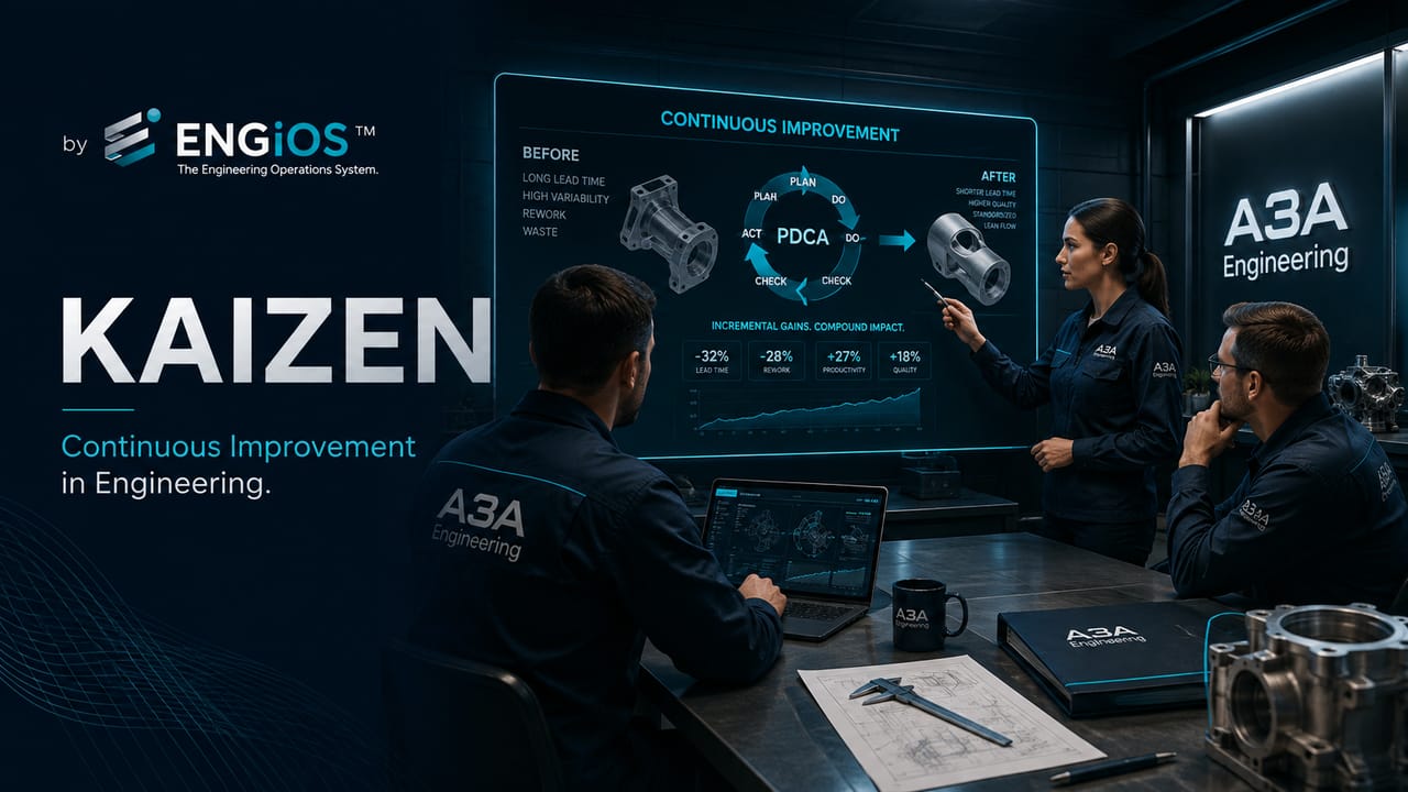 Imagem demonstrando Kaizen em Engenharia, com melhoria contínua, ciclos PDCA, análise de processo e evolução incremental em projetos e operações.