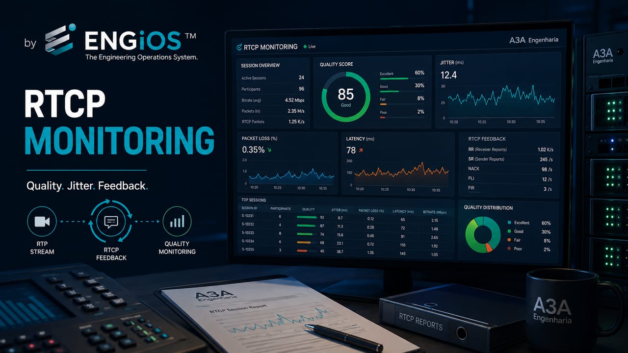 Imagem demonstrando RTCP monitorando sessões RTP, com métricas de qualidade, sincronização e relatórios de transmissão de mídia em tempo real.
