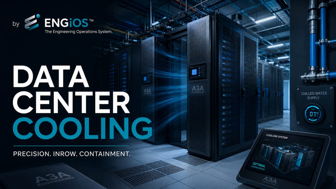 Imagem demonstrando o conceito de Climatização de Data Center, com sistemas de precisão, contenção de corredores, InRow e gerenciamento térmico de infraestrutura crítica.