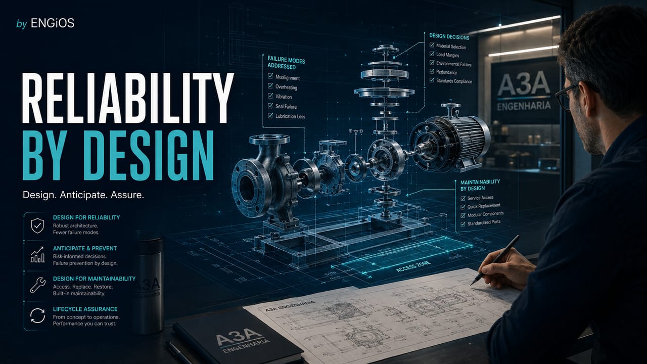 Imagem demonstrando o conceito de Reliability by Design em Engenharia, com projeto orientado à confiabilidade, manutenibilidade, disponibilidade e redução de falhas ao longo do ciclo de vida.