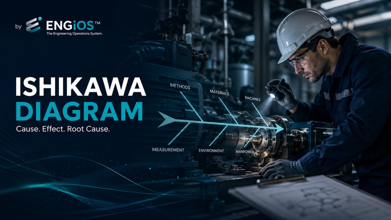 Imagem demonstrando o conceito de Diagrama de Ishikawa em Engenharia, com análise estruturada de causa raiz, categorias de causas e investigação de desvios.