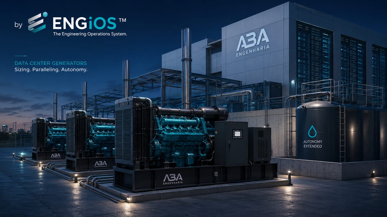 Imagem demonstrando o conceito de Grupo Gerador para Data Center em Engenharia, com geração de emergência, paralelismo, autonomia, redundância e continuidade da alimentação elétrica crítica.