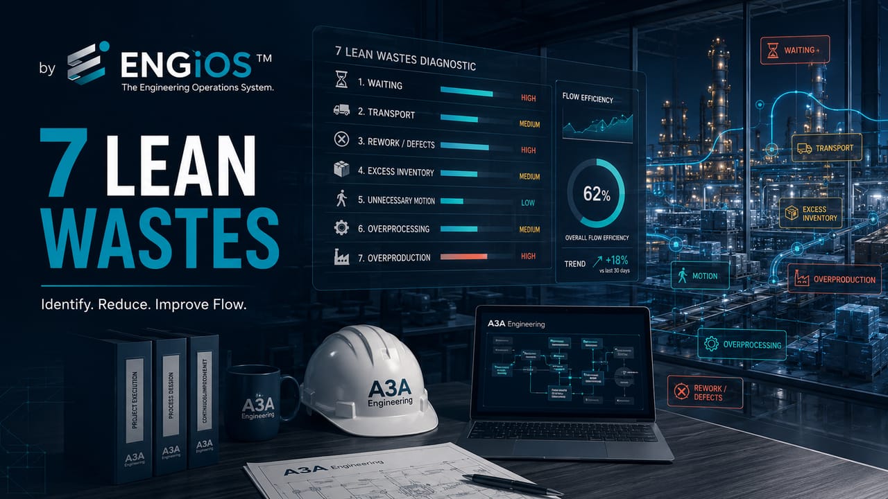 Imagem demonstrando os sete desperdícios Lean em projetos de Engenharia, com identificação de esperas, retrabalho, excesso de processo e atividades sem valor.