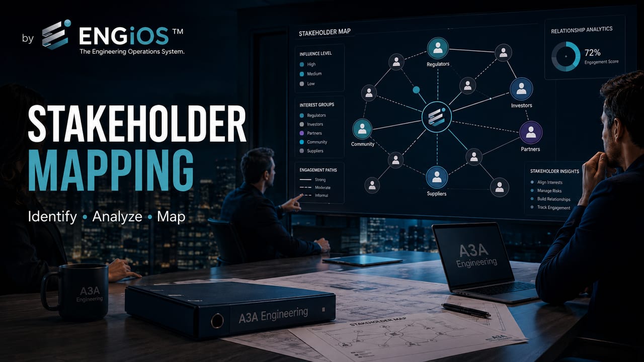 Imagem demonstrando mapeamento de stakeholders em projetos de Engenharia, com identificação das partes interessadas, influência, interesse, impacto e relações.