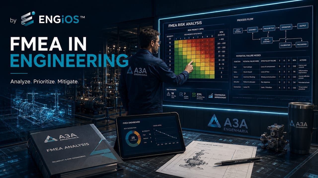 Imagem demonstrando uma análise FMEA em engenharia, com identificação de modos de falha, efeitos, causas, controles e priorização de riscos em ativos e sistemas.