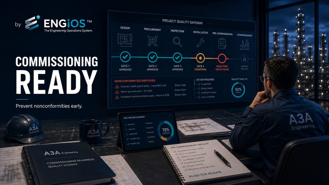 Imagem demonstrando preparação para comissionamento, com controle de não conformidades, inspeções e verificação de prontidão antes dos testes finais.