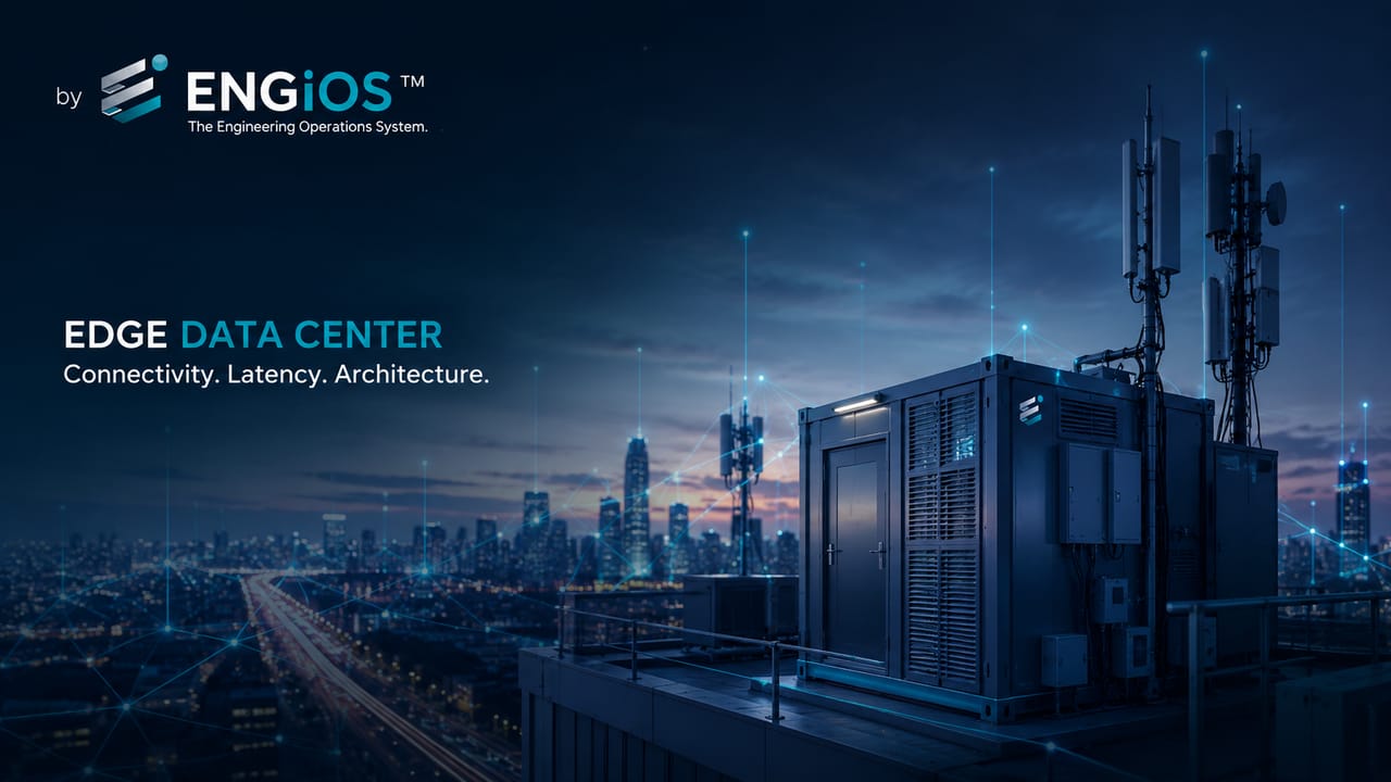 Imagem demonstrando o conceito de Edge Data Center em Engenharia, com processamento distribuído próximo à origem dos dados, infraestrutura compacta, conectividade e baixa latência.