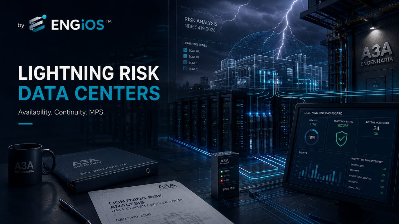 Imagem demonstrando análise de risco SPDA em Data Centers e CPDs conforme a NBR 5419:2026, com foco em disponibilidade, DPS, MPS e sistemas críticos.
