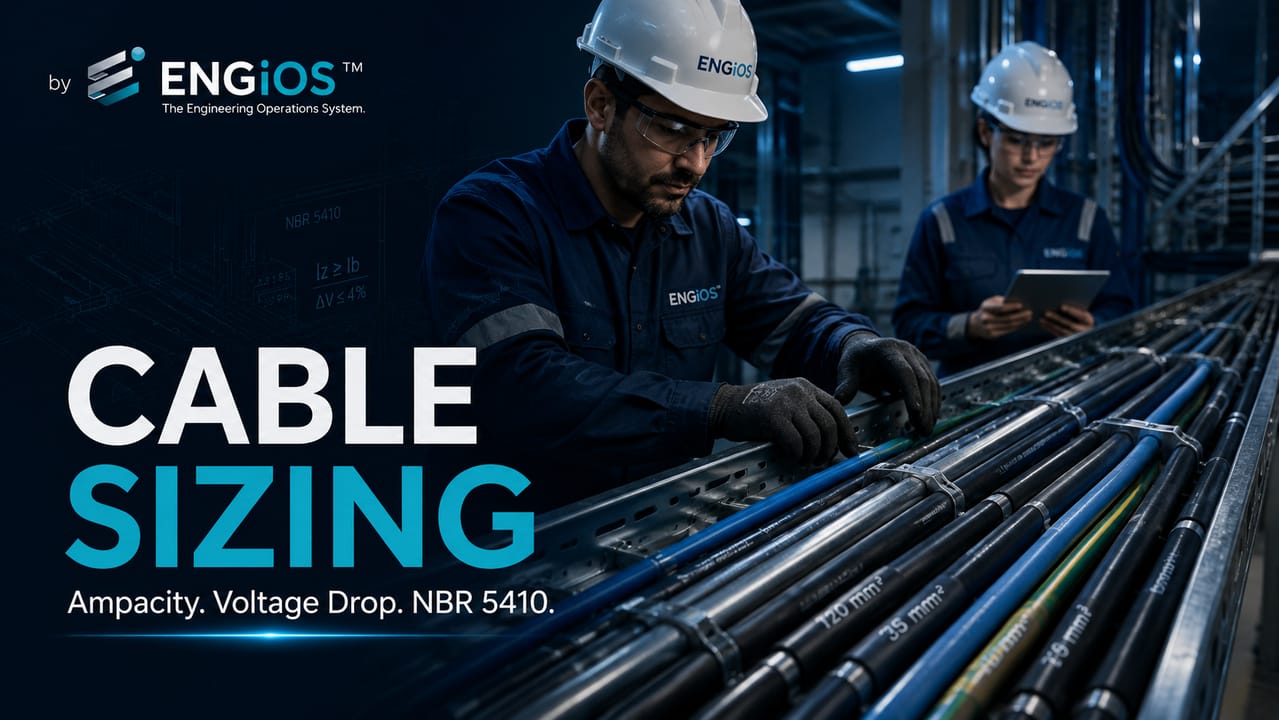 Imagem demonstrando o dimensionamento de cabos elétricos em Engenharia, considerando capacidade de condução de corrente, queda de tensão, método de instalação e critérios da NBR 5410.