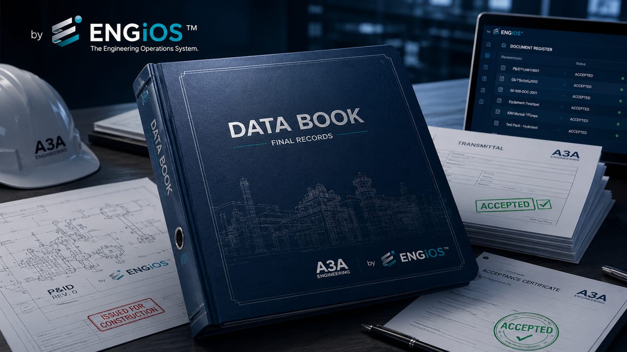 Imagem demonstrando o conceito de Data Book de Obra em Engenharia, com documentação técnica, registros de inspeção, certificados, testes e organização dos documentos para aceite final.