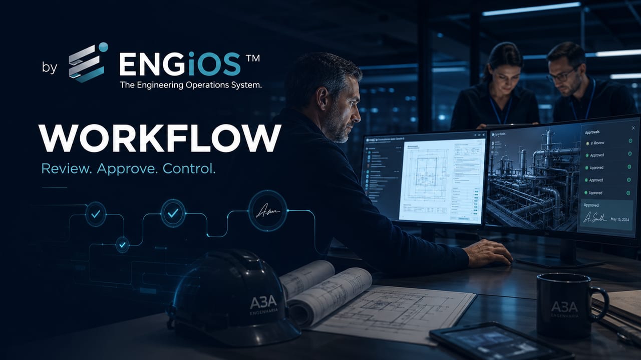 Imagem demonstrando o conceito de Workflow em Engenharia, com etapas, responsáveis, aprovações, documentos e fluxo de trabalho controlado.