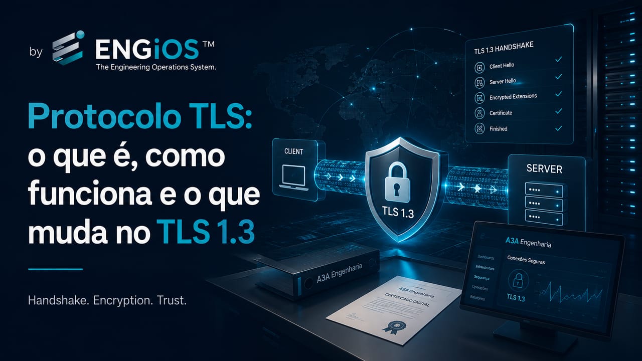 Imagem demonstrando o protocolo TLS protegendo comunicações em rede, com criptografia, autenticação e estabelecimento de sessões seguras.