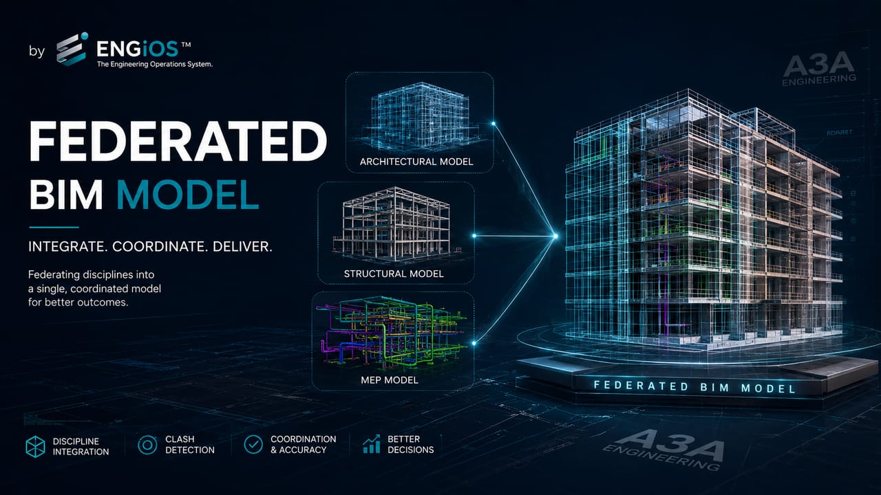 Imagem demonstrando o conceito de Modelo Federado BIM, com integração multidisciplinar de modelos, coordenação espacial e consolidação de informações de projeto.