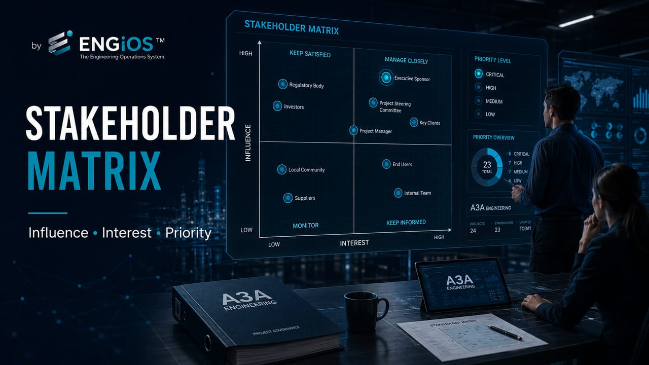 Imagem demonstrando matriz de stakeholders em projetos de Engenharia, classificando influência, interesse, impacto e prioridade das partes interessadas.