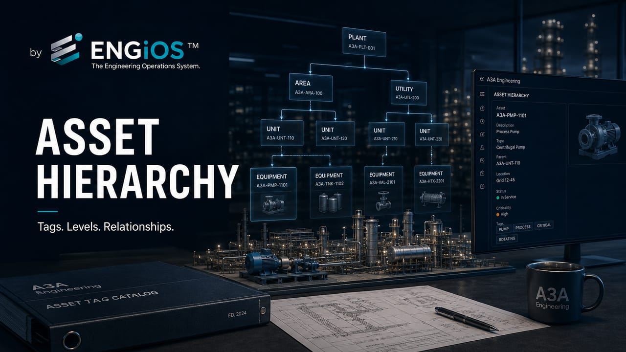 Imagem demonstrando cadastro e hierarquia de ativos em Engenharia de Manutenção, com TAGs, níveis funcionais, relações entre equipamentos e estrutura de dados.