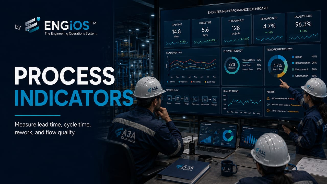 Indicadores de processos de Engenharia com lead time, cycle time, retrabalho e qualidade do fluxo