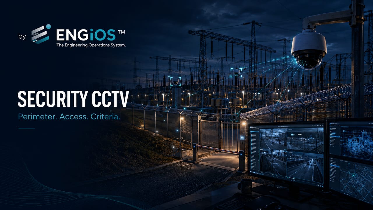 Imagem demonstrando o conceito de CFTV Patrimonial em Subestações, com vigilância de perímetro e acessos, câmeras IP e monitoramento de segurança.