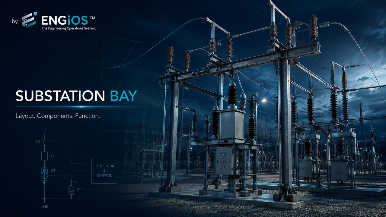 Imagem demonstrando o conceito de bay de subestação em Engenharia Elétrica, com equipamentos de manobra, proteção, medição e interligação em pátio de alta tensão.