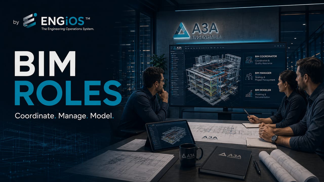 Imagem demonstrando os papéis de BIM Coordinator, BIM Manager e BIM Modeler em processos BIM, com coordenação, gestão da informação, modelos e responsabilidades conforme a ISO 19650.